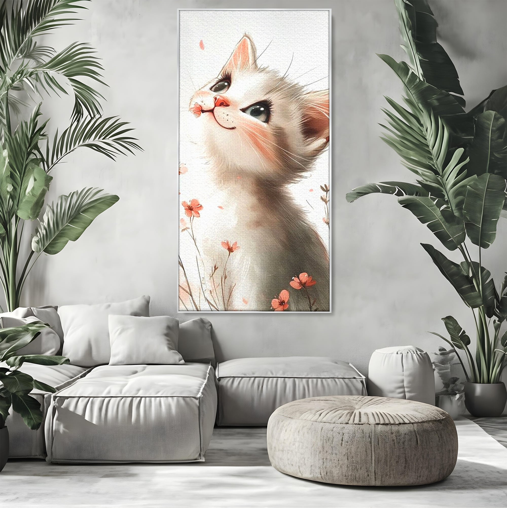Tablou canvas cu ilustratie cu pisicuta alba si flori roz, in rama de aluminiu argintiu, pe perete intr-un living